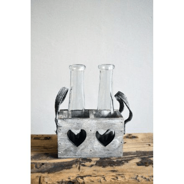 2 Glass Bottles In A Wooden Hearts Stand With Handles